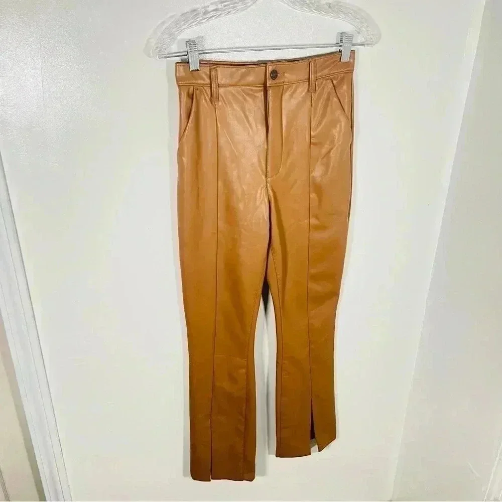 Abercrombie & Fitch The Skinny Ultra High Rise Faux Leather Split Hem Camel Tan